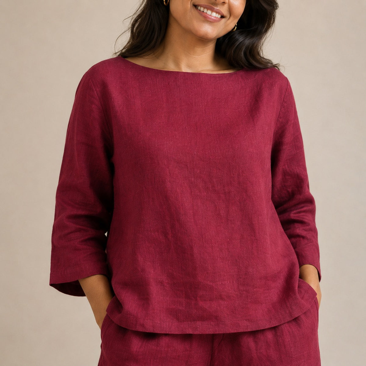 Linen Wide Leg Co-ord Set for Women — Brick Red