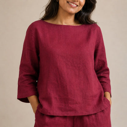 Linen Wide Leg Co-ord Set for Women — Brick Red