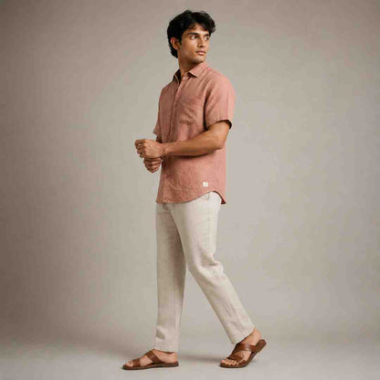 Linen Half-Sleeve Regular Collar Shirt for Men- Copper