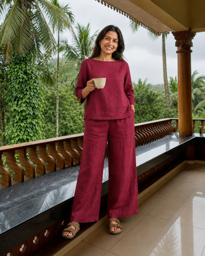 Linen Wide Leg Co-ord Set for Women — Brick Red