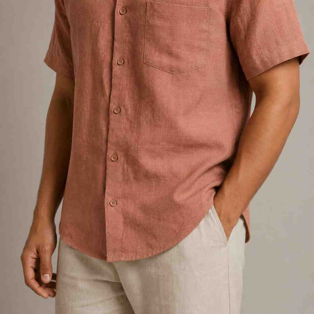 Linen Half-Sleeve Regular Collar Shirt for Men- Copper