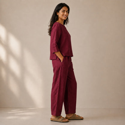 Linen Wide Leg Co-ord Set for Women — Brick Red
