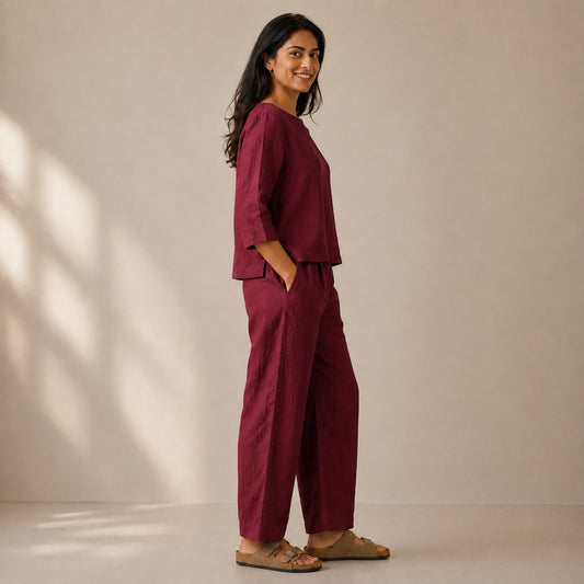 Linen Wide Leg Co-ord Set for Women — Brick Red