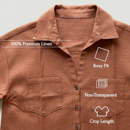 Oversized Boxy Crop Linen Shirt for Women- Rust