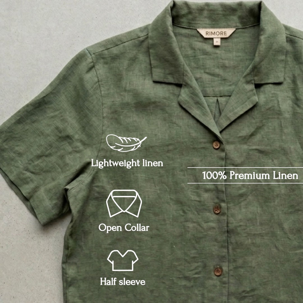 Open Collar Half Sleeve Linen Shirt - Women - Sage