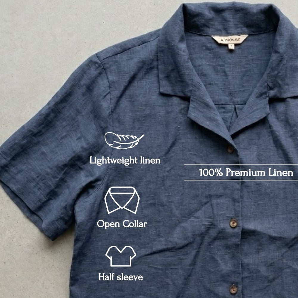 Open Collar Half Sleeve Linen Shirt - Women - Midnight Blue