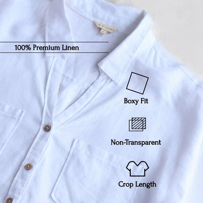Oversized Boxy Crop Linen Shirt for Women- White