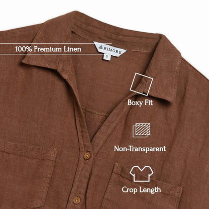 Oversized Boxy Crop Linen Shirt for Women- Brown