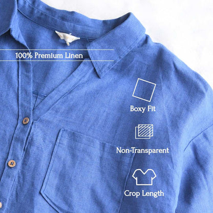 Oversized Boxy Crop Linen Shirt for Women- Midnight Blue