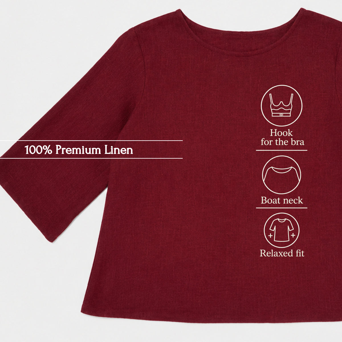 100% Pure Linen Boat Neck Top for Women - Maroon