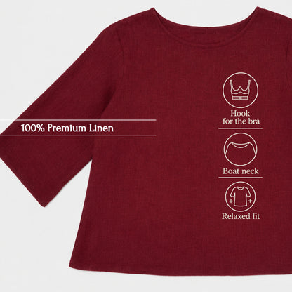 100% Pure Linen Boat Neck Top for Women - Maroon