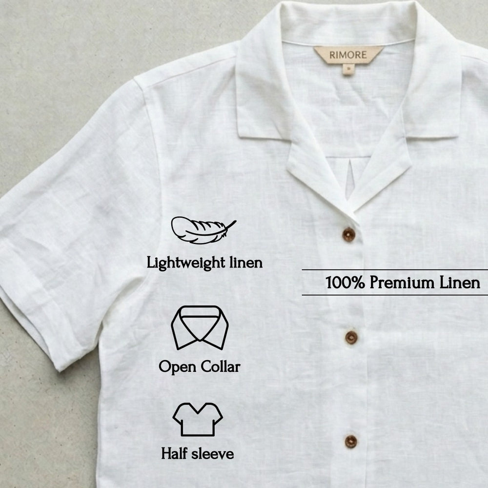 Open Collar Half Sleeve Linen Shirt - Women - White