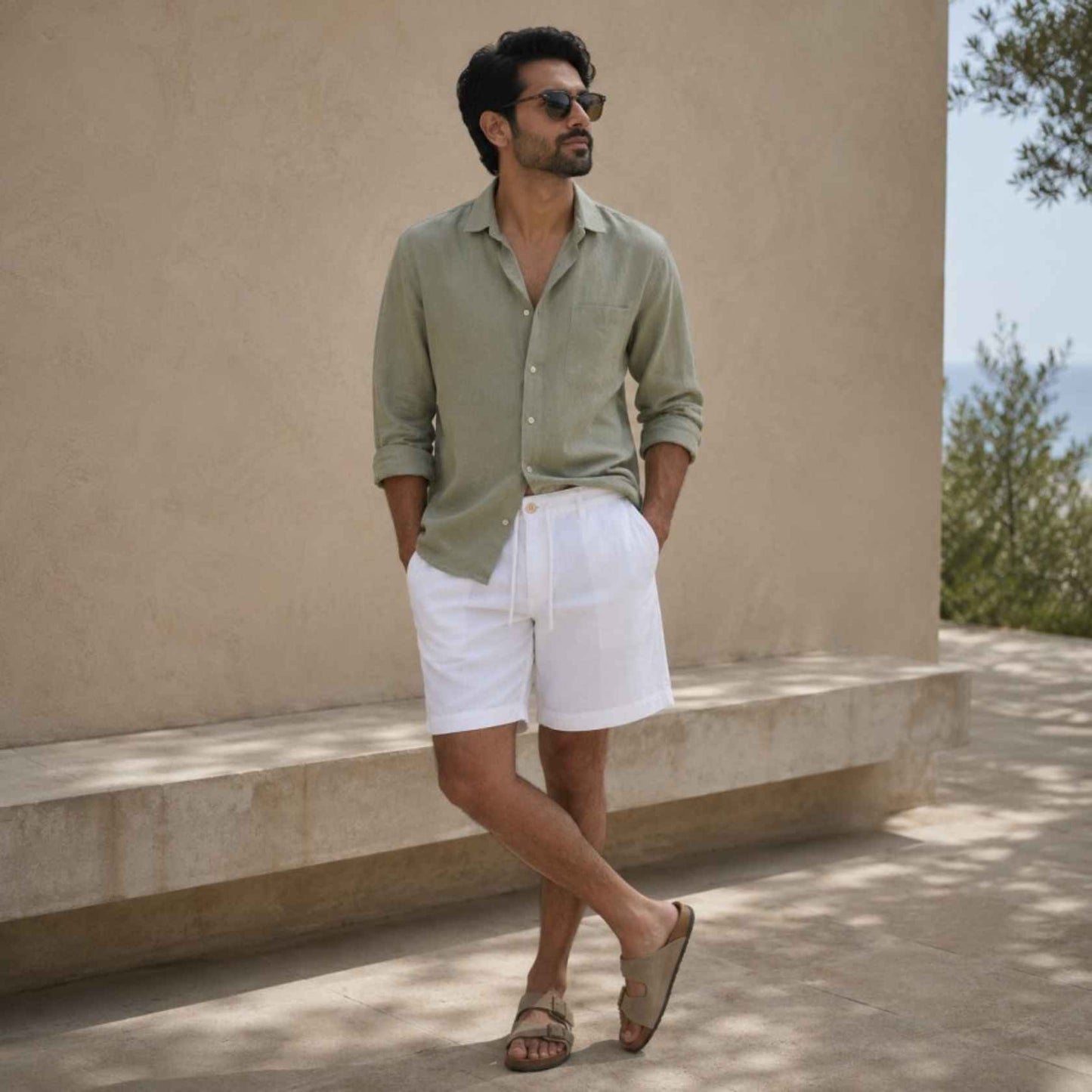 Linen Buttoned Shorts for Men- White