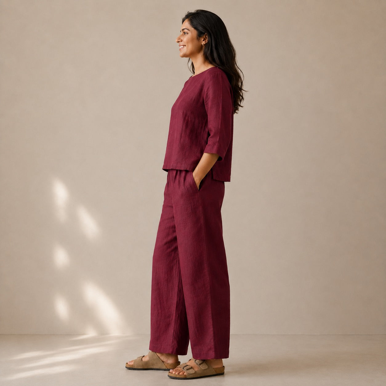Linen Wide Leg Co-ord Set for Women — Brick Red