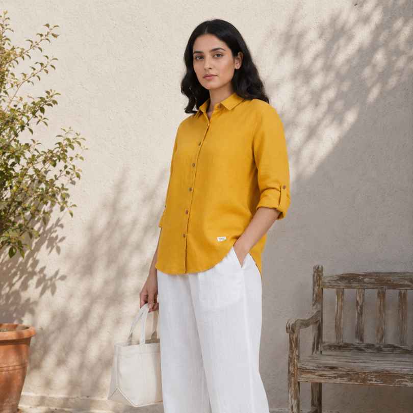 Linen Full-Sleeve Regular Shirt for Women- Mustard