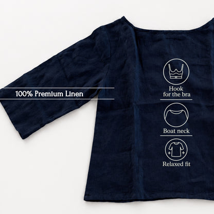 100% Pure Linen Boat Neck Top for Women - Navy
