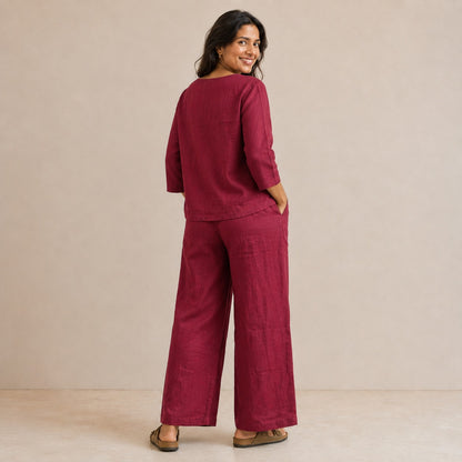 Linen Wide Leg Co-ord Set for Women — Brick Red