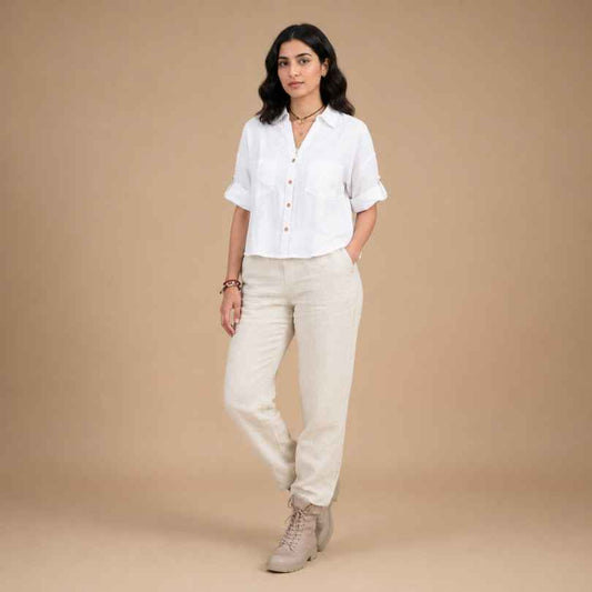 Linen Relaxed Co-ord Set for Women- White & Beige