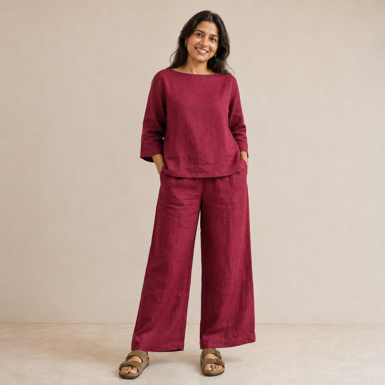 Linen Wide Leg Co-ord Set for Women — Brick Red