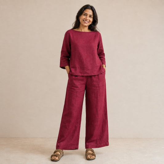 Linen Wide Leg Co-ord Set for Women — Brick Red