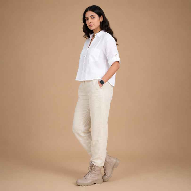 Linen Relaxed Co-ord Set for Women- White & Beige