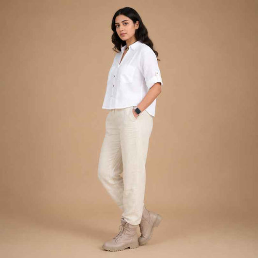 Linen Relaxed Co-ord Set for Women- White & Beige