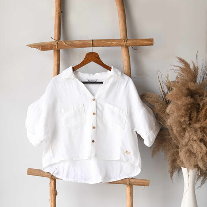 Oversized Boxy Crop Linen Shirt for Women- White