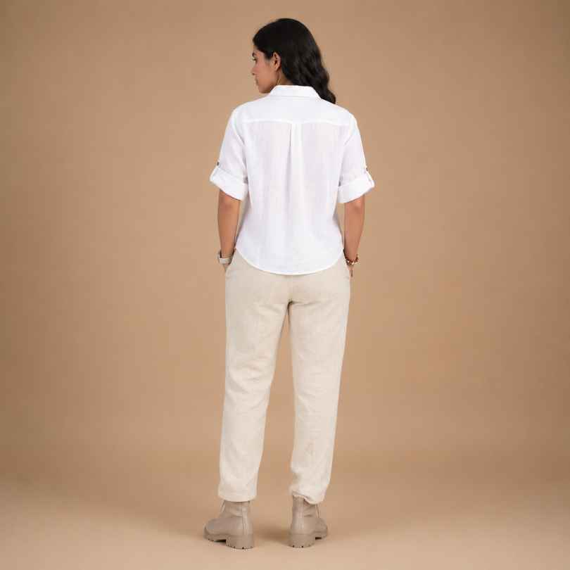 Linen Relaxed Co-ord Set for Women- White & Beige