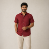 Linen Half-Sleeve Regular Collar Shirt for Men- Brick Red