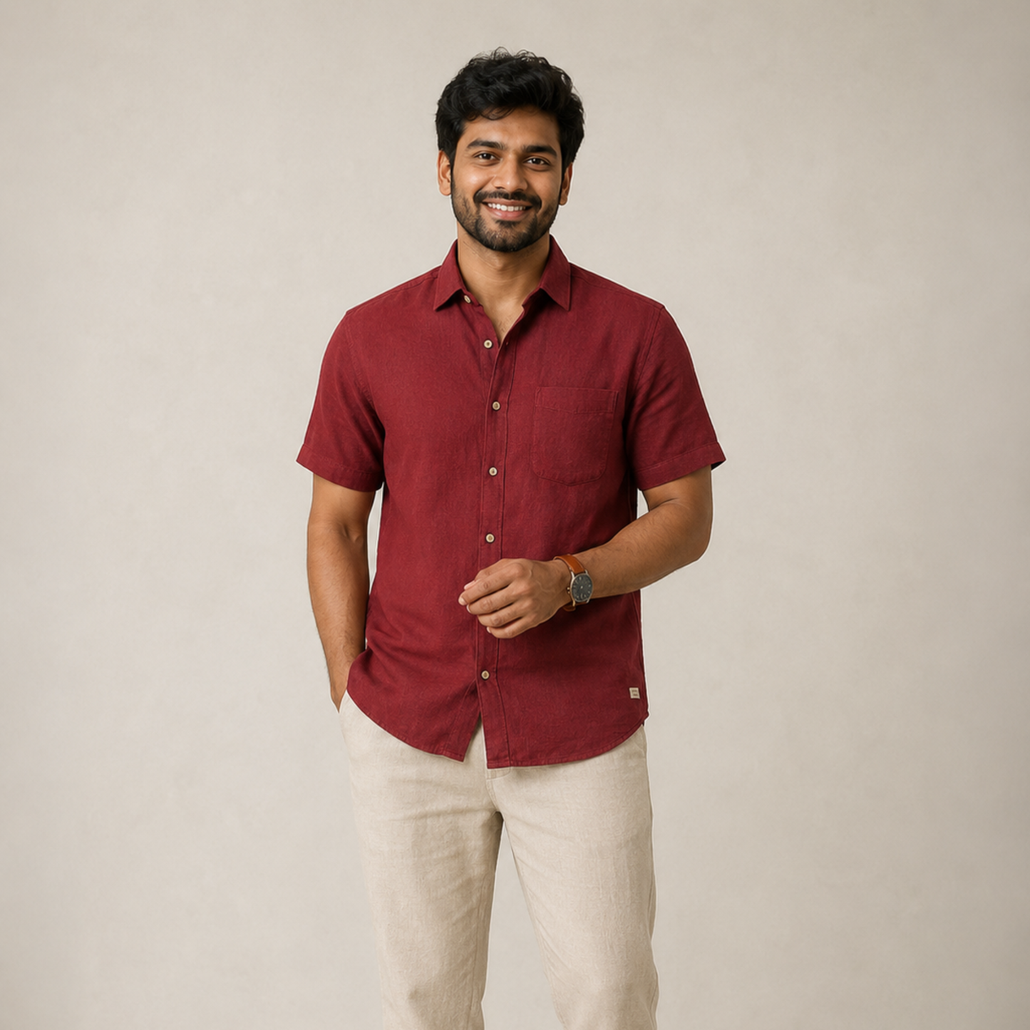 Linen Half-Sleeve Regular Collar Shirt for Men- Brick Red