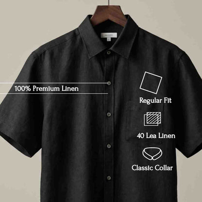 Linen Half-Sleeve Regular Collar Shirt for Men- Black