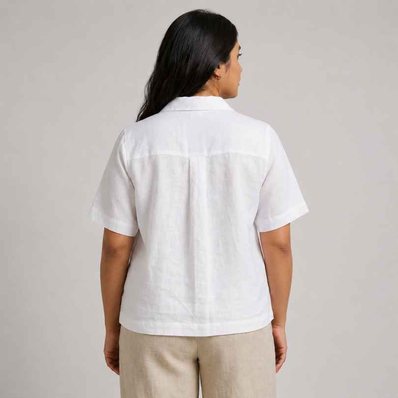 Open Collar Half Sleeve Linen Shirt - Women - White