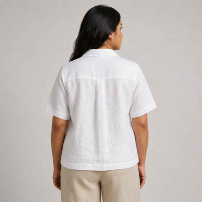Open Collar Half Sleeve Linen Shirt - Women - White