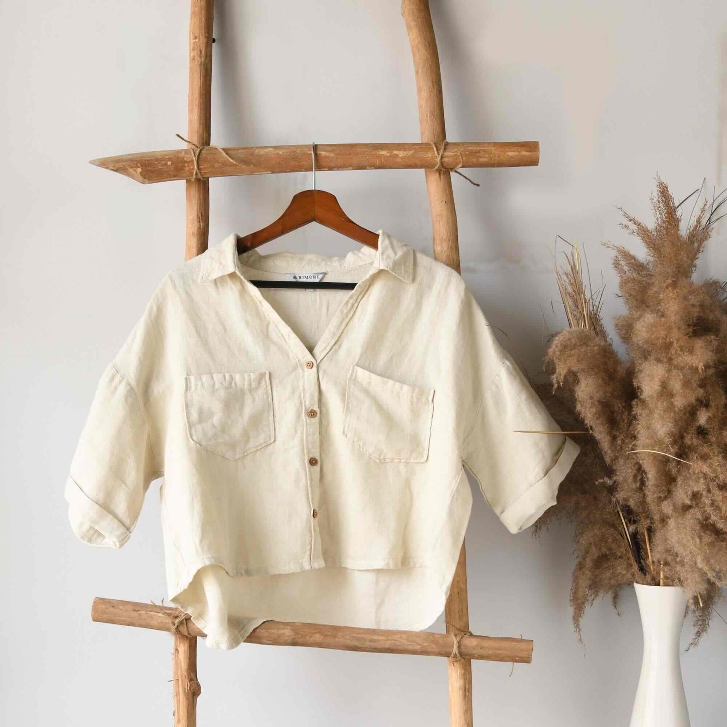 Oversized Boxy Crop Linen Shirt for Women- Beige