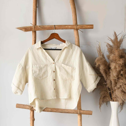 Oversized Boxy Crop Linen Shirt for Women- Beige