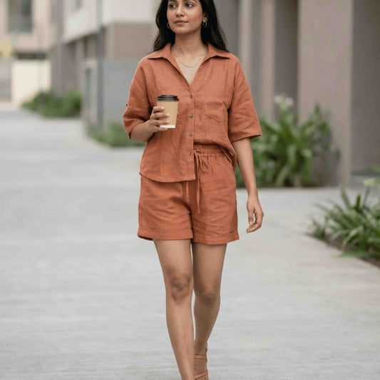 Linen Shorts Co-ord Set for Women-Rust