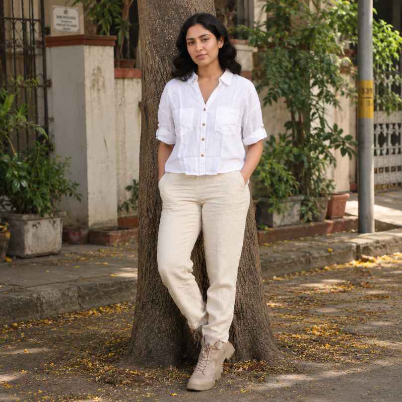 Linen Relaxed Co-ord Set for Women- White & Beige