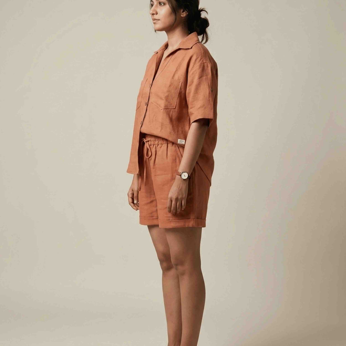 Linen Shorts Co-ord Set for Women-Rust