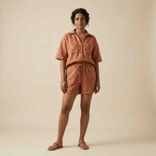 Linen Shorts Co-ord Set for Women-Rust