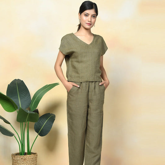 Linen Boxy Crop Top & Relaxed Pants Set for Women- Olive