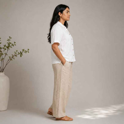 Open Collar Half Sleeve Linen Shirt - Women - White
