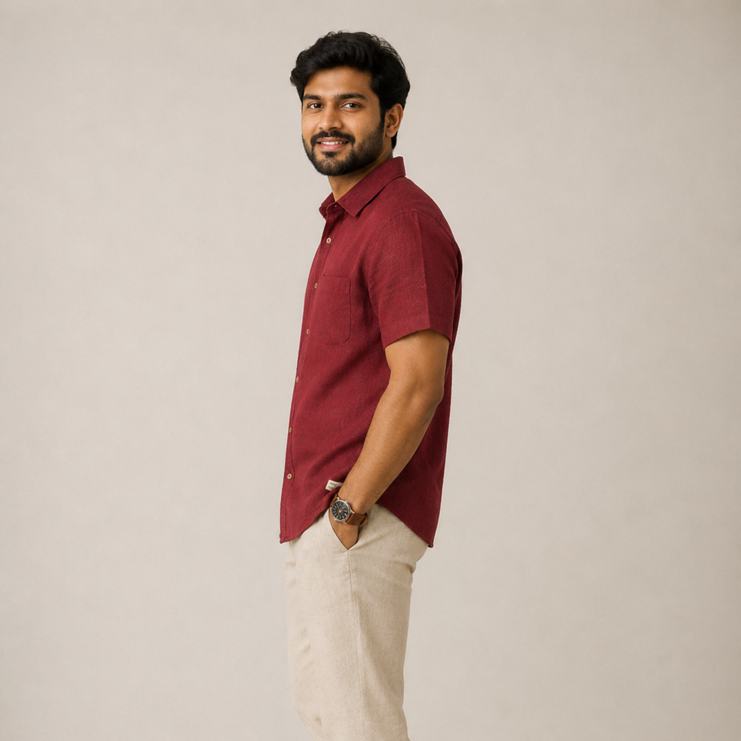 Linen Half-Sleeve Regular Collar Shirt for Men- Brick Red