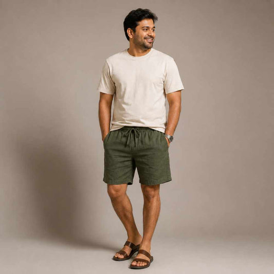 Linen Classic Shorts for Men- Olive