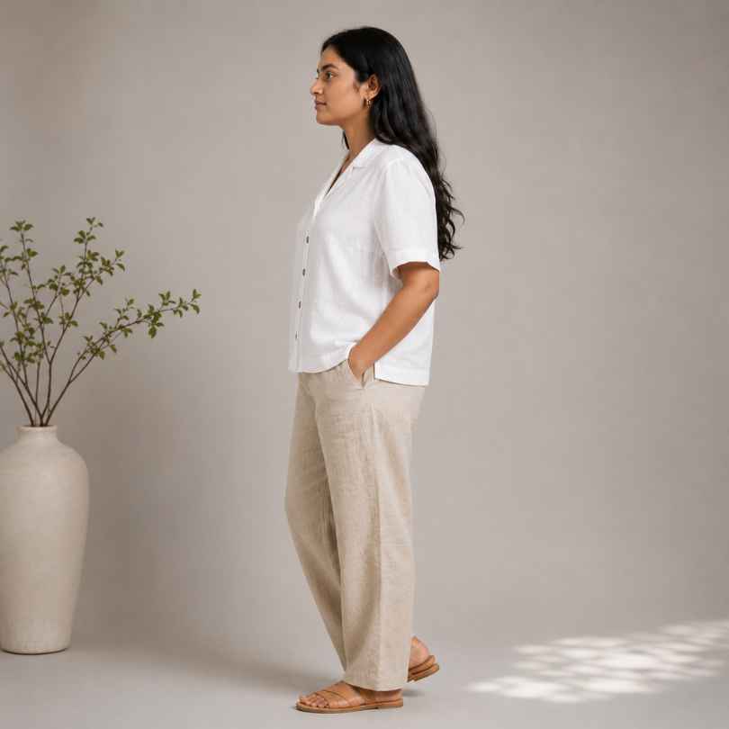 Open Collar Half Sleeve Linen Shirt - Women - White