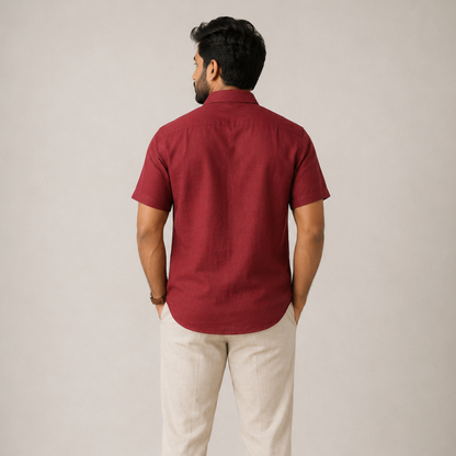 Linen Half-Sleeve Regular Collar Shirt for Men- Brick Red