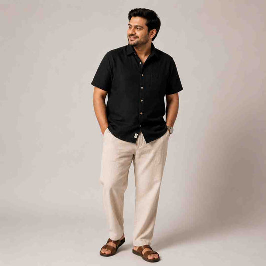 Linen Half-Sleeve Regular Collar Shirt for Men- Black