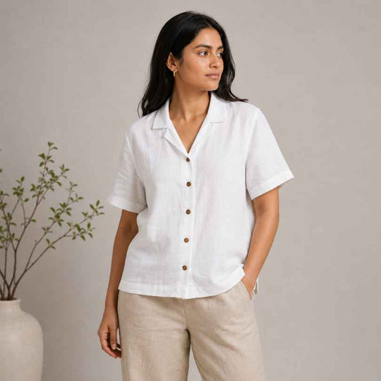Open Collar Half Sleeve Linen Shirt - Women - White