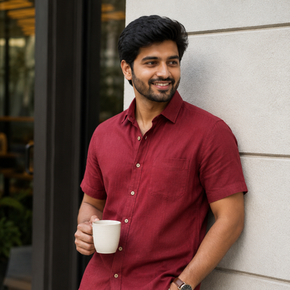 Linen Half-Sleeve Regular Collar Shirt for Men- Brick Red