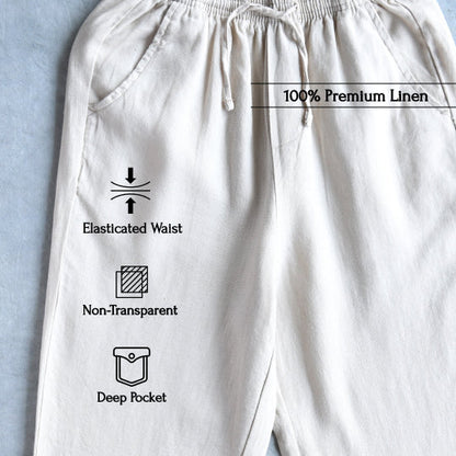 100% Pure Linen Relaxed Fit Pants for Men - Beige