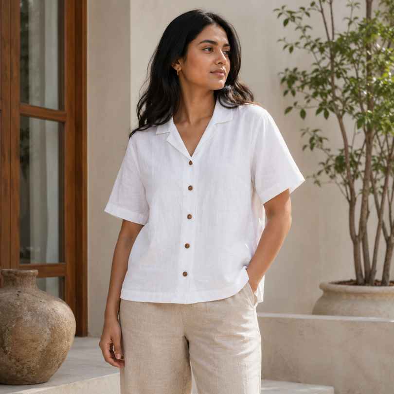 Open Collar Half Sleeve Linen Shirt - Women - White